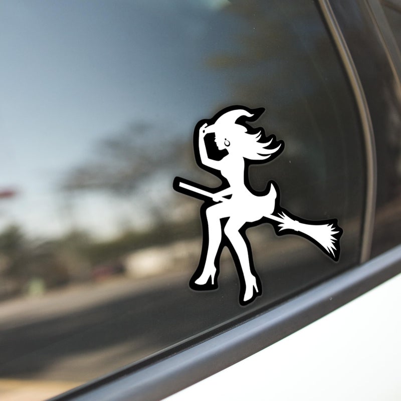 KCD ملصق فينيل ساحرة مثيرة على مكنسة | سيارات شاحنات فانات جدران لابتوبات أكواب | أبيض على خلفية سوداء | 5.5 بوصة | KCD1332W - Image 3